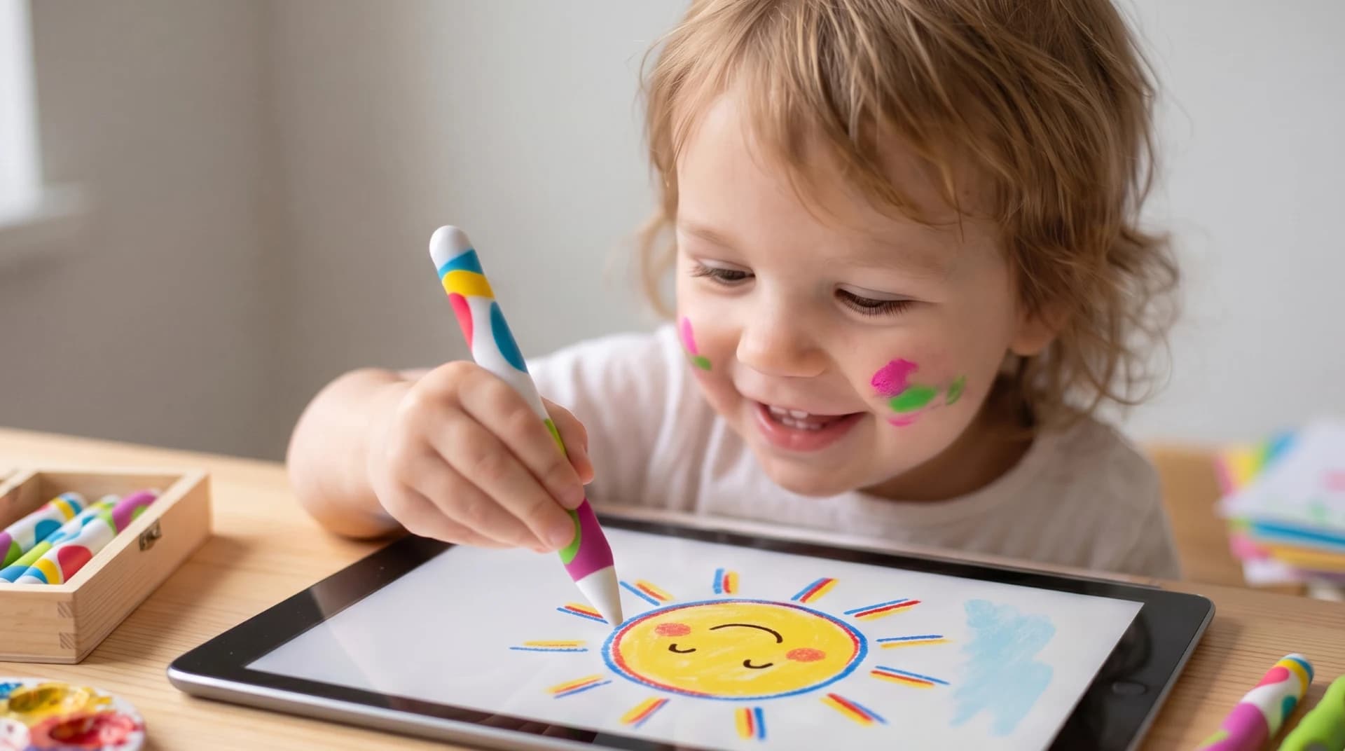Toddler using a digital stylus on a sketchbook